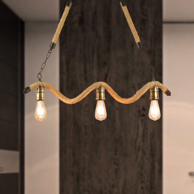 Bulbo esposto Isola sospesa Light Loft Stylish Rope 3 Lights Dining Room Isola illuminazione con design ondulato in beige