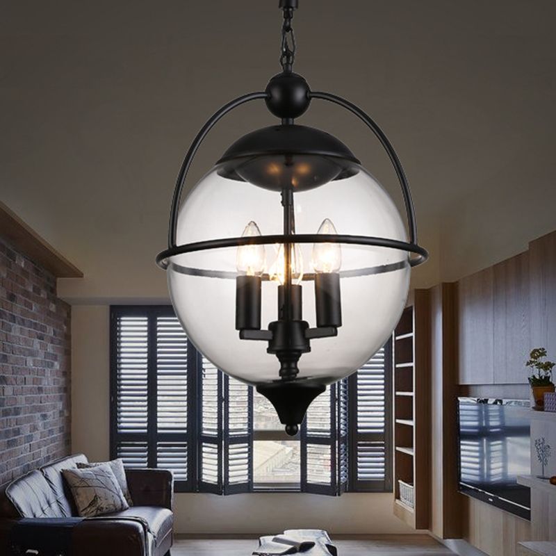 Globe en verre transparent lustre Light traditionnel 3 éclairage pendentif de salon léger en noir