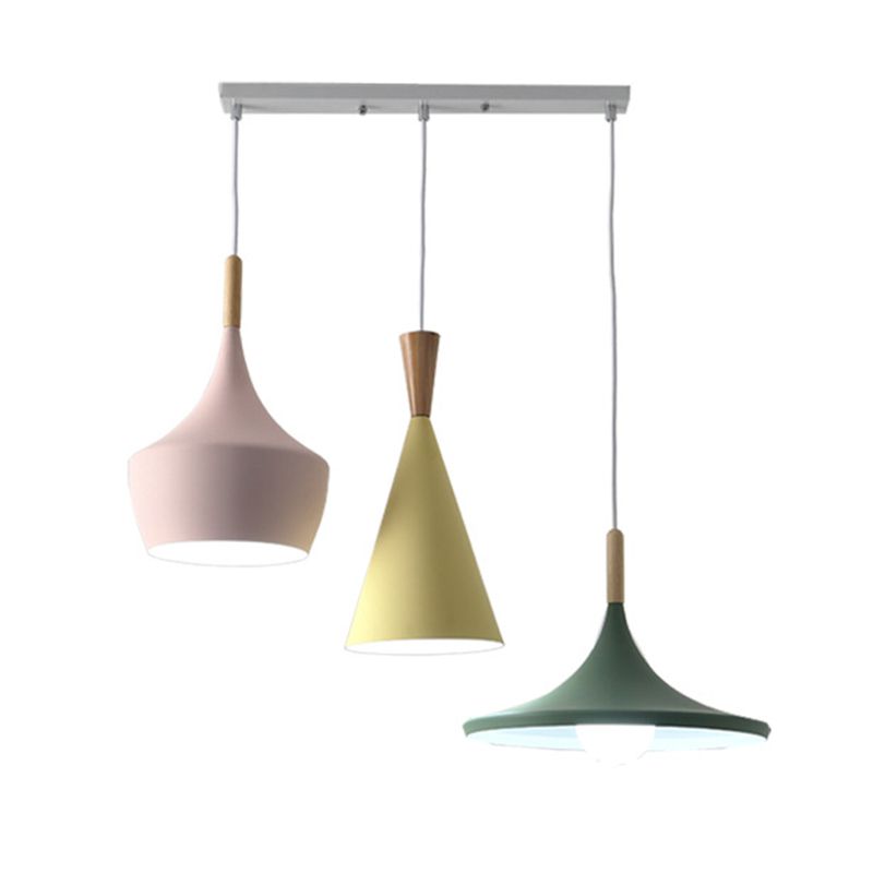 Pink-Yellow-Green Shaded Pendant Lamp Macaron 3-Light Metal Multiple Hanging Light for Dining Room