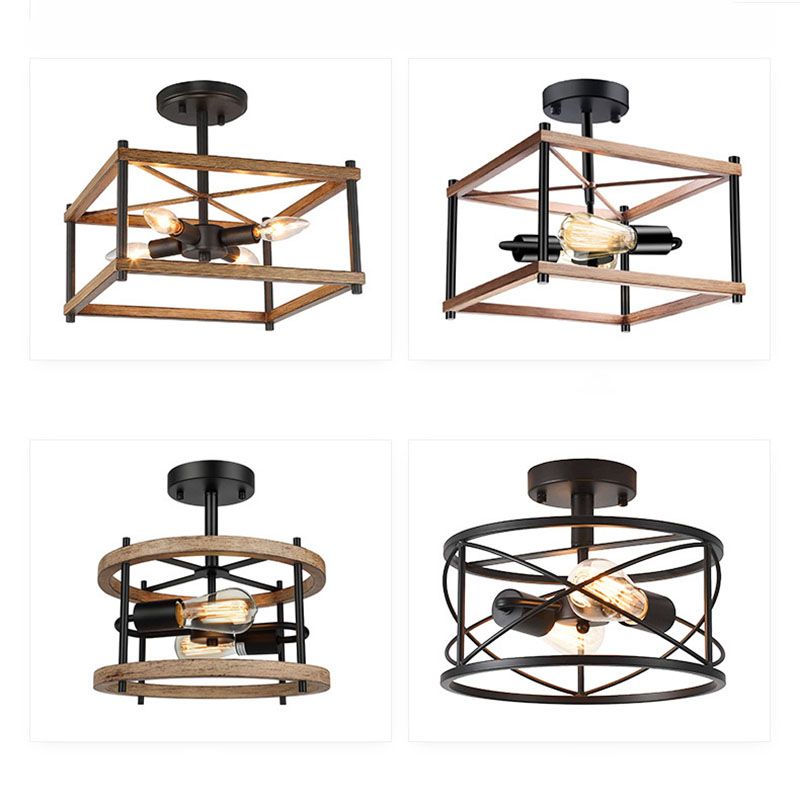 Wooden Black Ceiling Light in Industrial Vintage Style Wrought Iron Geometric Semi Flush Mount