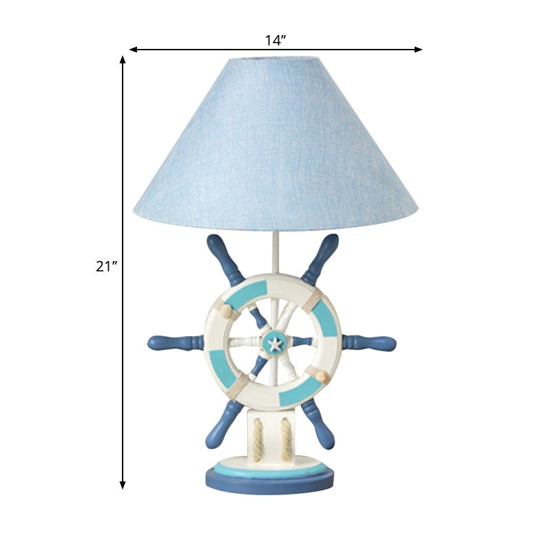 LifeBuoy / Rudder Wooden Table Light Kids Light Blue Blue Nightstand Lampe avec une teinte en tissu conique