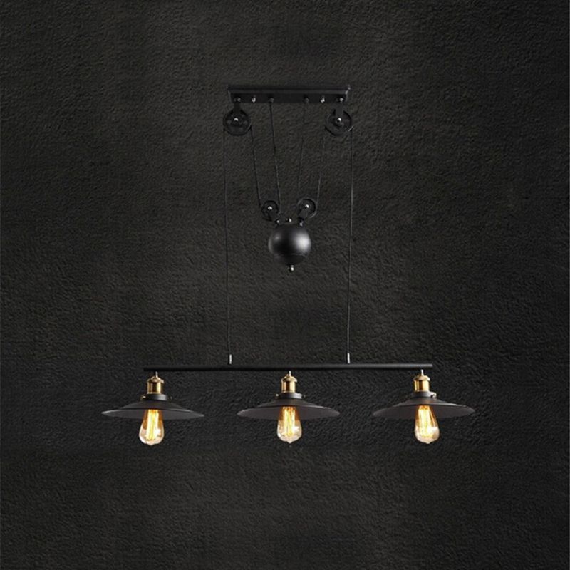 Black 3-Light Pulley Island Pendant Light in Industrial Retro Style Wrought Iron Hanging Lamp for Dining Room