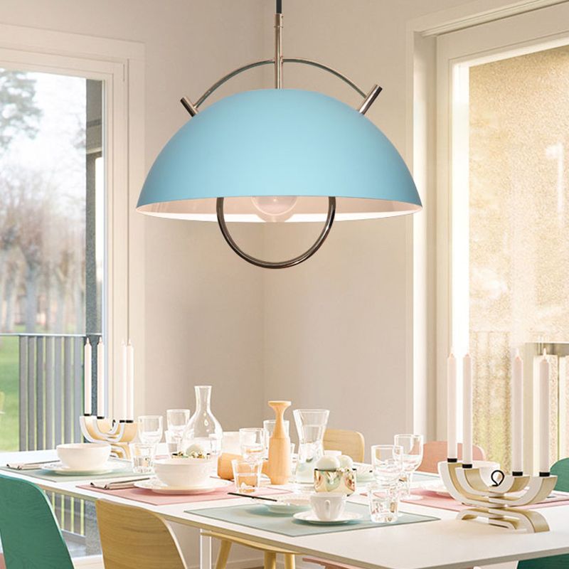 Metal Bowl Down Lighting Macaron 1 Head Blue/White/Khaki Hanging Ceiling Light with Handle