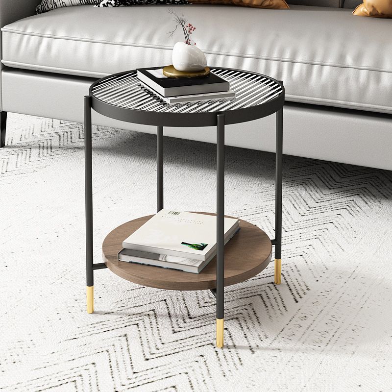 Modern 2 Piece Bunching Tables with Wooden Shelf and 4 Iron Legs