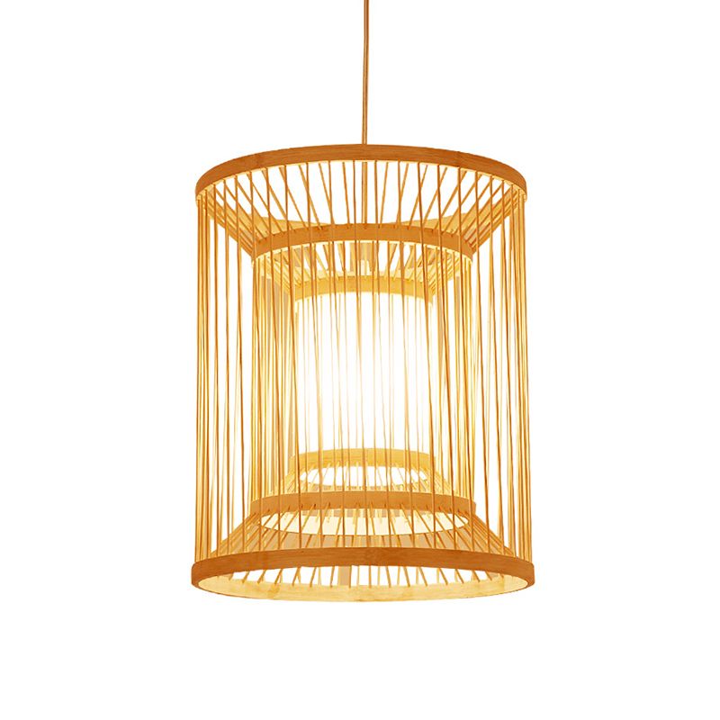 Cylindrical Suspension Light Simplicity Bamboo 1-Light Wood Pendant Light Fixture for Tea Room