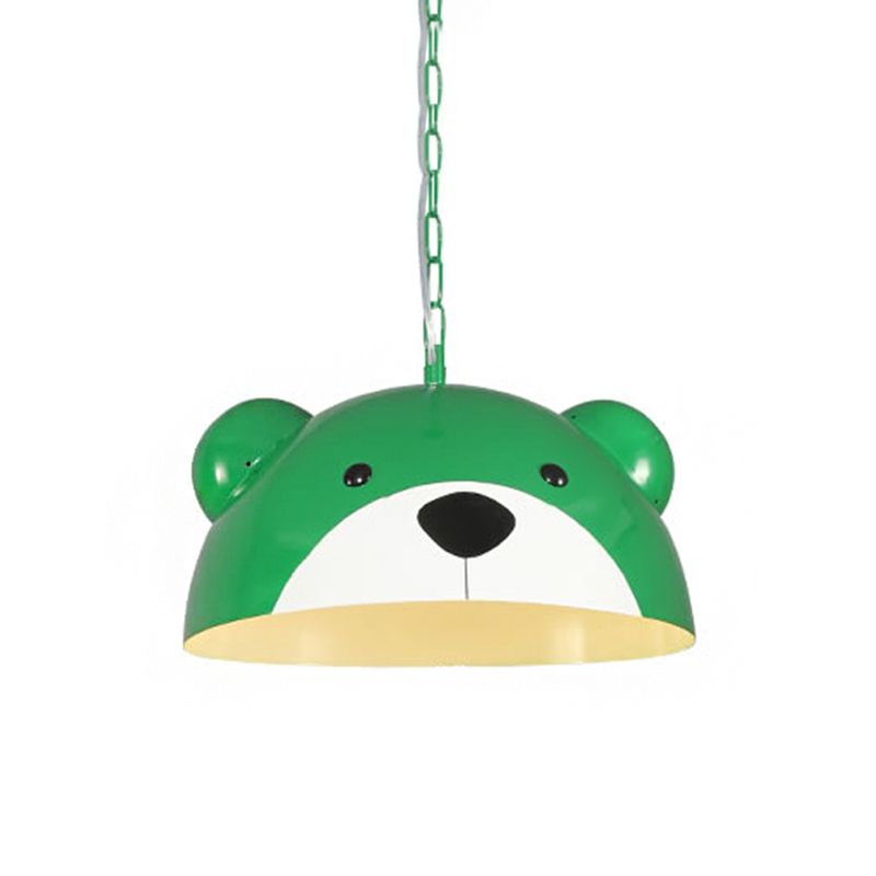 Metallic Dome Pendant Light Fixture Kids 1 Light Red/Yellow Hanging Lamp with Bear Design for Children Bedroom