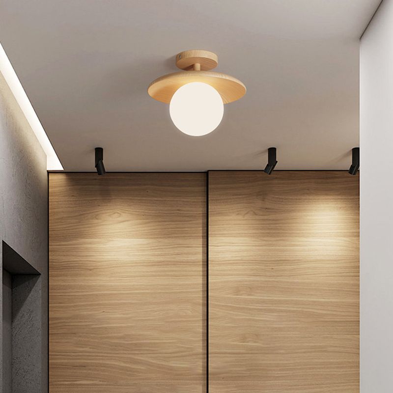 Modern Style Spherical Shape Ceiling Light Wood 1 Light Ceiling Light for Restaurant