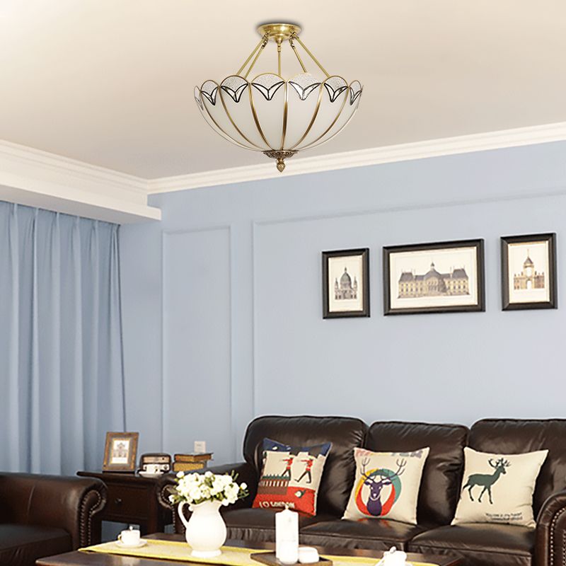 3 Bulbs Scallop Ceiling Flush Mount Colonial White Satin Opal Glass Semi Mount Lighting