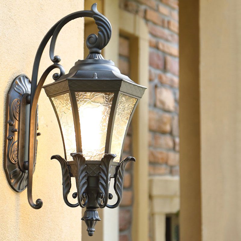 Lampada da parete per esterni a 1 luce esagonale in alluminio con montaggio a parete, retro, con paralume in vetro strutturato