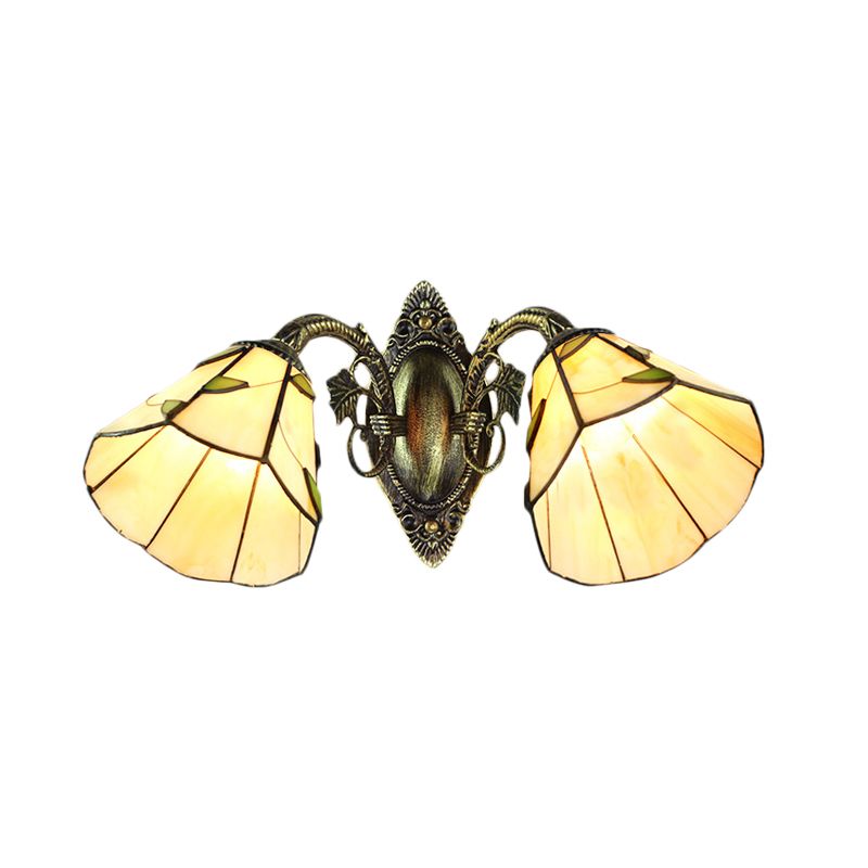 Scalloped Shade Wall Sconce Industrial Vintage Stained Glass 2 Heads Wall Lamp Fixture with Leaf Pattern