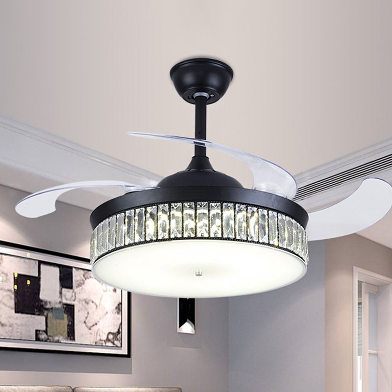 4-Blade-Drum Semi Flush Mount Light Contemporary CRYN CRISTAL 19 "Breite LED LED Black Hanging Lüfterlampe