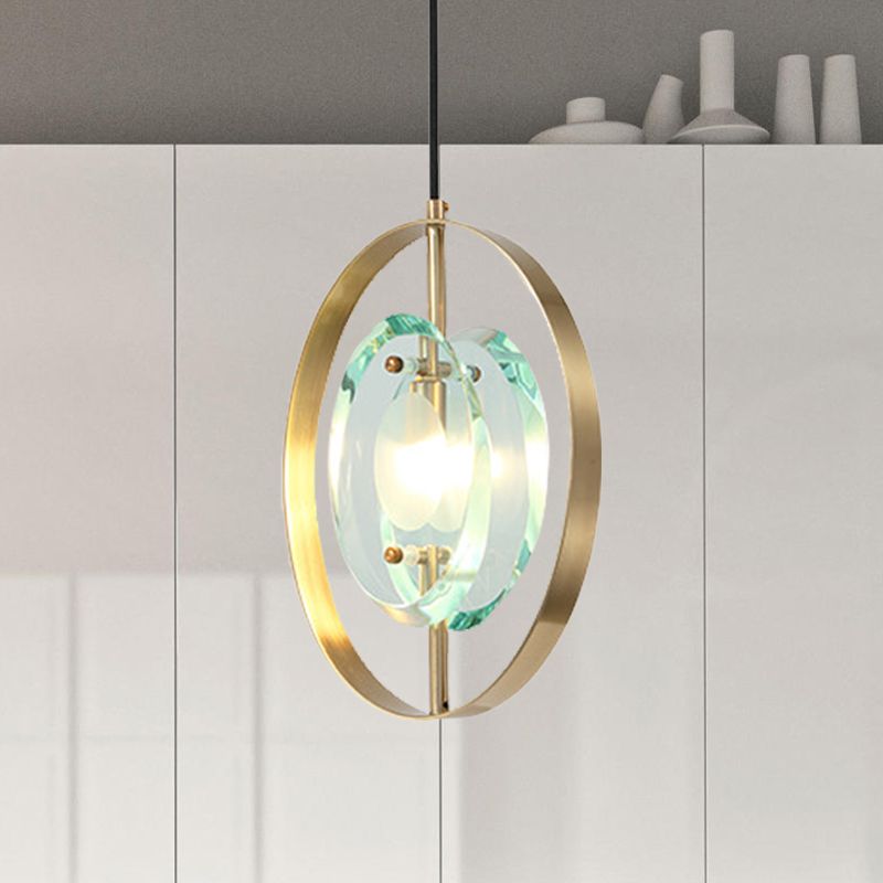 Gold Oval Frame Pendant Ceiling Light Contemporary 1 Head Metal Hanging Light Fixture with Clear Crystal Shade