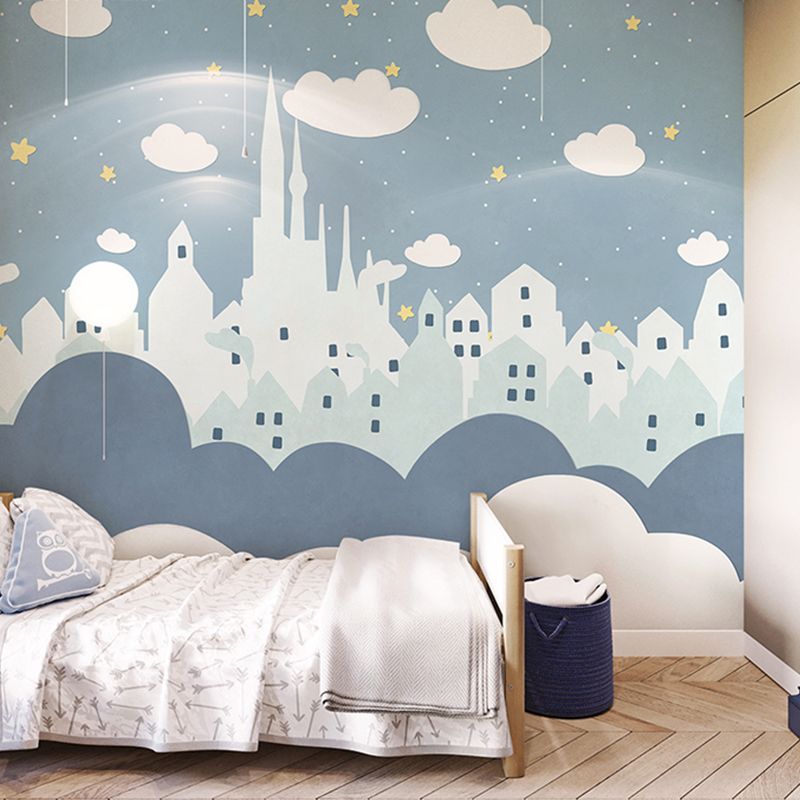 Star and Cloud Mural Wallpaper in Pastel Blue, Scandinavian Wall Decor for Boy or Girl
