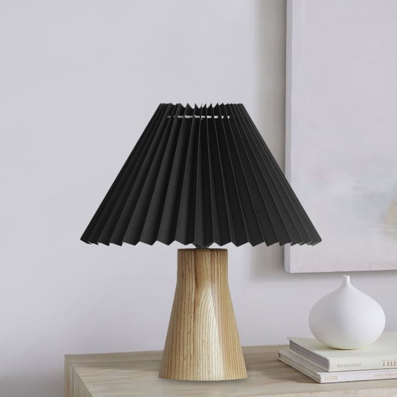 Black Pleated Fold Night Light Modern 1 Bulb Fabric Table Lamp with Wood Base for Bedside