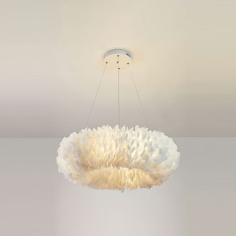 Simplicity Round Chandelier Pendant Light Feather Girls Bedroom Hanging Light in White