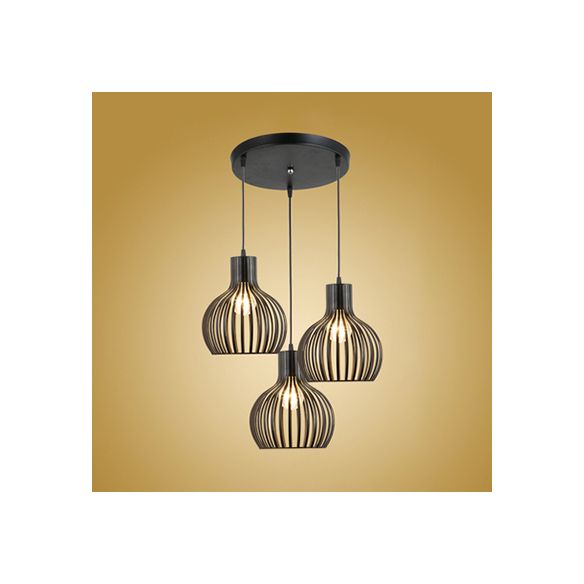Comedor de cebolla luz colgante con tono jaula loft elegante hierro 3 luces lámpara colgante de acabado negro