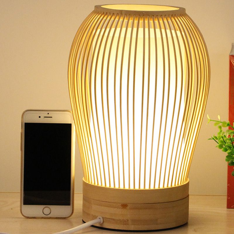 Japanse 1-lamps taakverlichting witte druppel kleine bureaulamp met bamboe kap voor nachtkastje