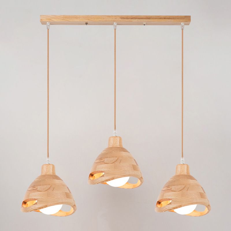Bedroom Contemporary Hanging Light Creative Wood Shade Pendant Lamp in Beige