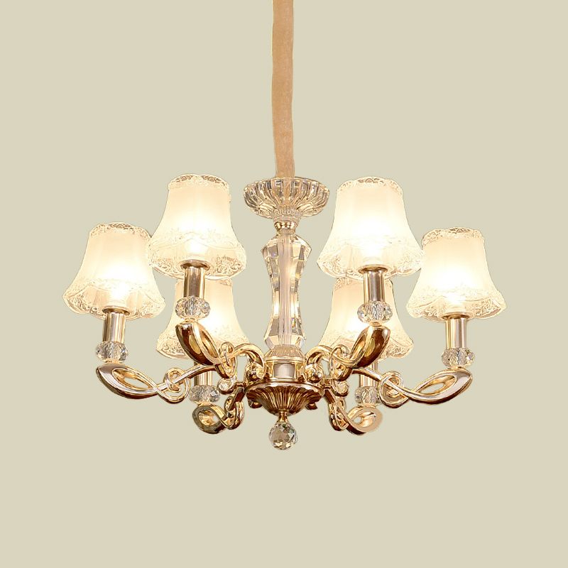 Milky Glass Bell Suspension Lamp Modern 6 Heads Dining Room Chandelier with Crystal Accent in Gold