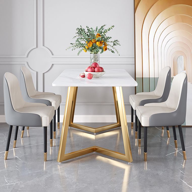Glam Iron Dinette Set 1/2/5/6 Pieces Rectangle White Sintered Stone Top Dining Table Set