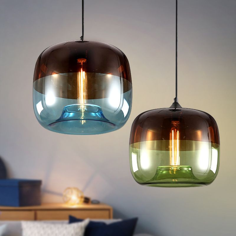 Drum Pendant Ceiling Light Postmodern Blue/Green-Brown Glass 1 Bulb Dining Room Suspension Lamp with Recessed Bottom