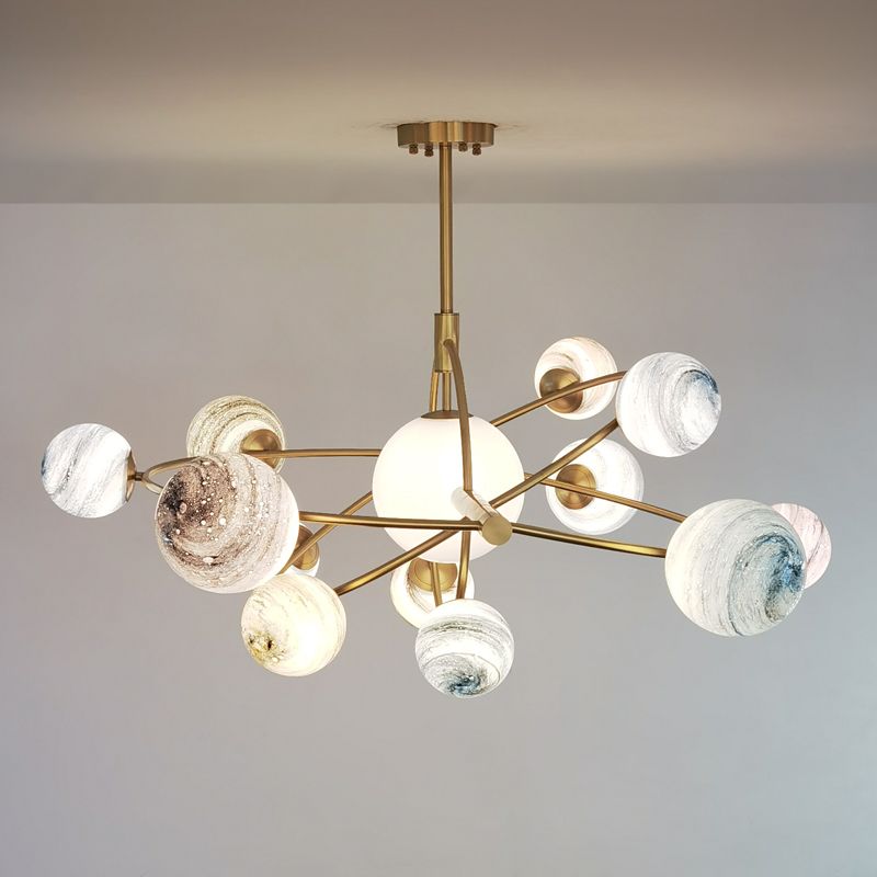 Multi Light Glass Sphere Chandelier Light Gold Pendant Light for Living Room