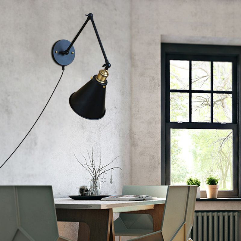 Sconcetto parete conico vintage 1 lampadina di applique in lampadina con braccio oscillante in nero per sala da pranzo