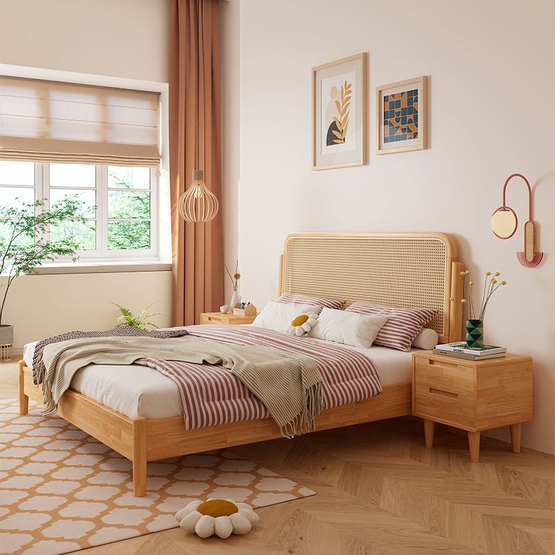 Rattan and Rubberwood Panel Bed Natural Tropical Standard Bed Rectangular