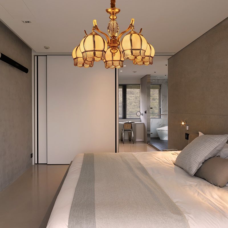 Bud Bedroom Ceiling Chandelier Colonial Frosted Glass 5 Lights Gold Finish Hanging Pendant Light