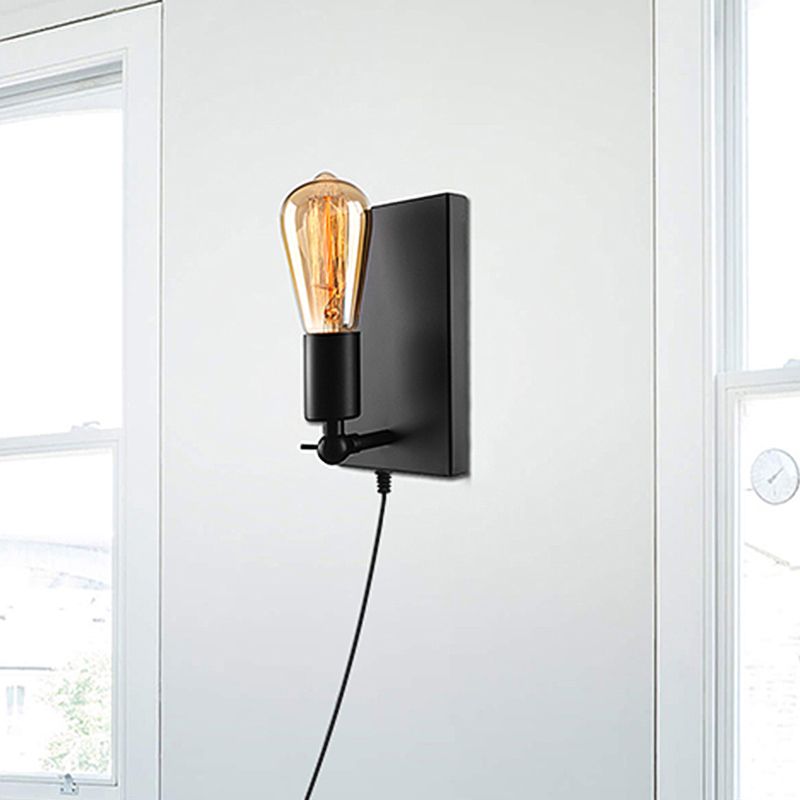 1 Light Plug In Wall Lamp with Exposed Bulb Loft Retro Black Metal Sconce Lamp for Dining Room