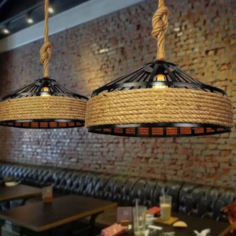 Rope Drum Pendant Light Fixture Warehouse-Style Restaurant Hanging Light Kit in Beige