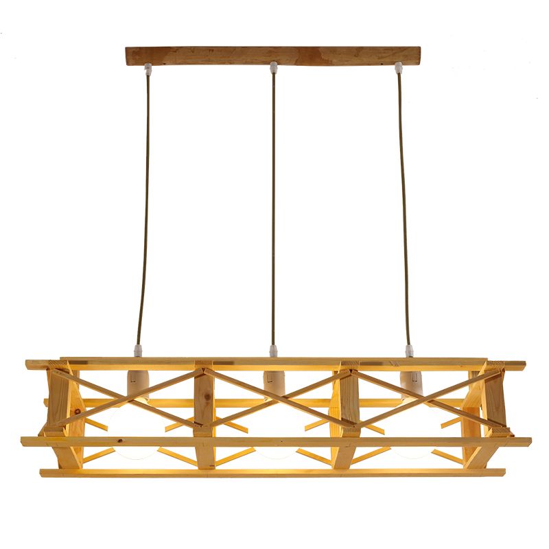 Rectangular Cage Island Lamp Contemporary Wooden Restaurant Hanging Light in Beige