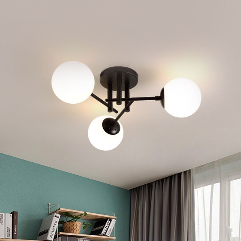 Metal Crossed Lines Semi Flush Ceiling Lighting Nordic 3/8/12 Heads Black Ceiling Flush Mount with Ball Glass Shade for Living Room