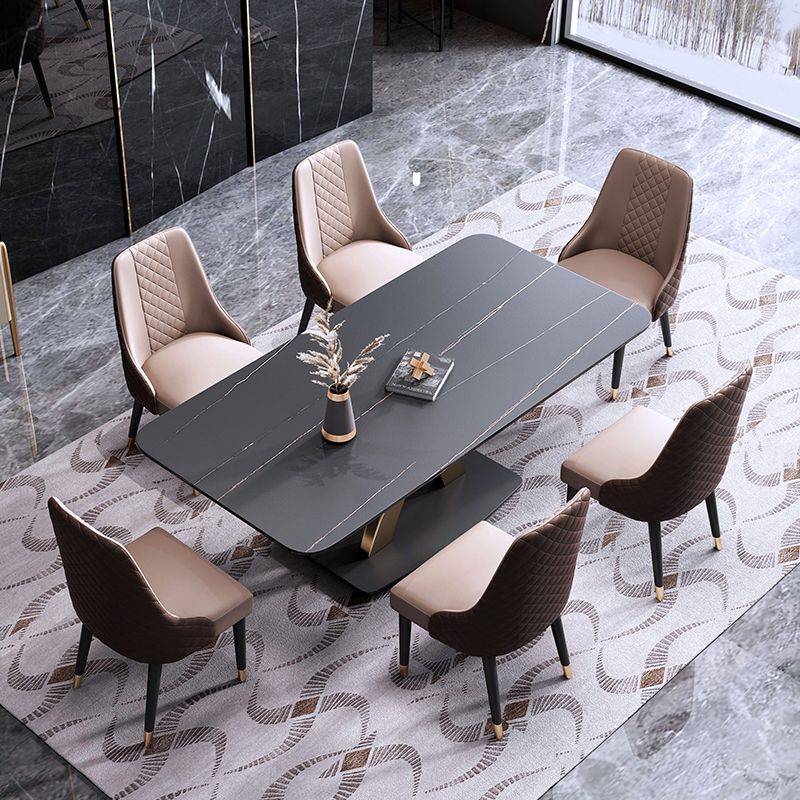 Minimalistischer Esszimmer Set rechteckig gesinterte Stein Esstisch mit Metallbasis