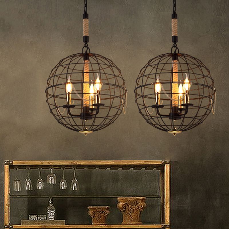 Candle salon pendentif lustre traditionnel métal 3/4 lumières noire suspendus avec cage globe