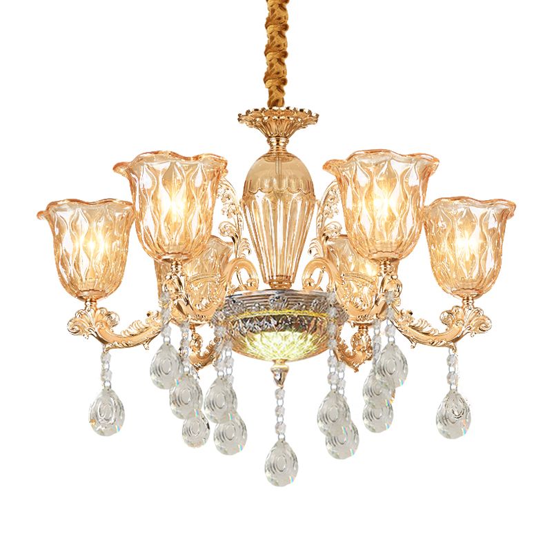 6 Bulbs Bell Up Chandelier Traditional Gold Clear Pebble Glass Hanging Light Fixture over Table