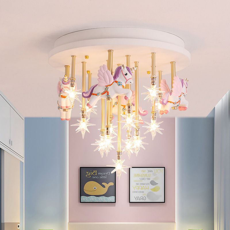 Resin Horse/Bird/Crane Ceiling Light Fixture Kids 13/16 Lights Blue/Pink Flush Mount Lighting with Clear Glass Shade