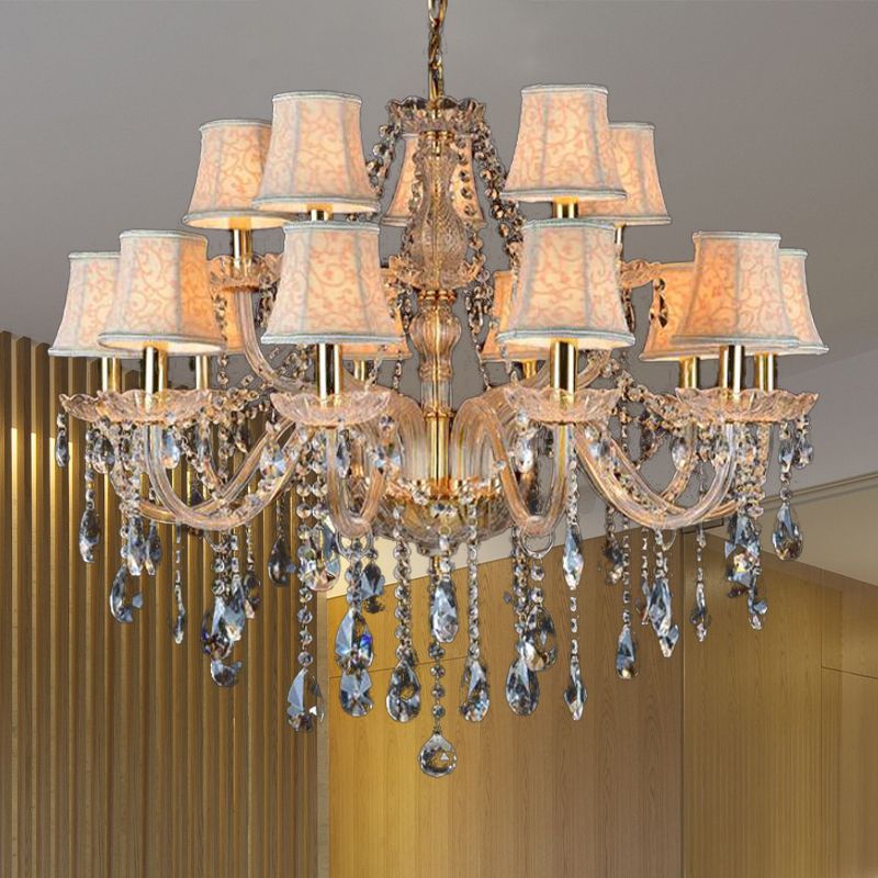 Armed Clear K9 Crystal Pendant Chandelier Rustic 6/8/10 Heads Beige Hanging Ceiling Light with Flared Fabric Shade
