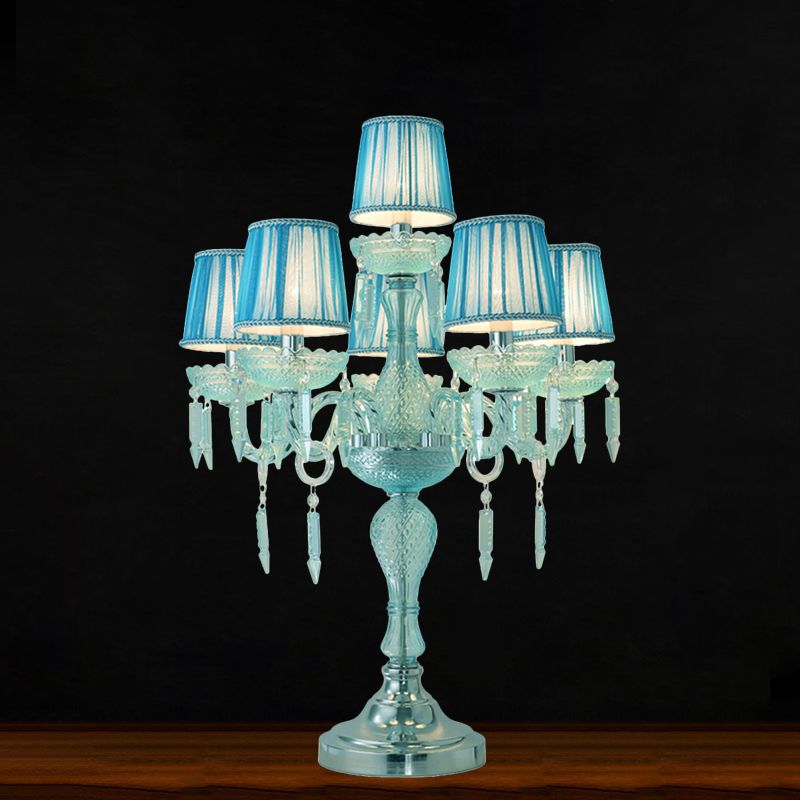 Kristalblauw nachtkastje lamp kandelaar 5/6/7 bollen traditionele slaapkamer tafellicht met vat stof schaduw