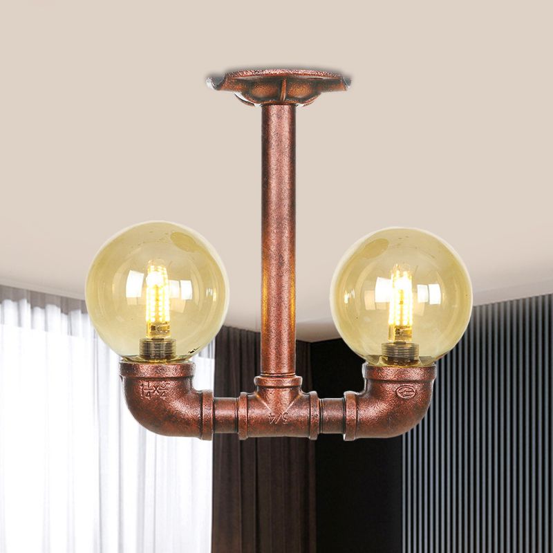 Orb Restaurant Semi Flush Light Fixture Rustic Amber Glass 2 Lights Copper Flush Lamp