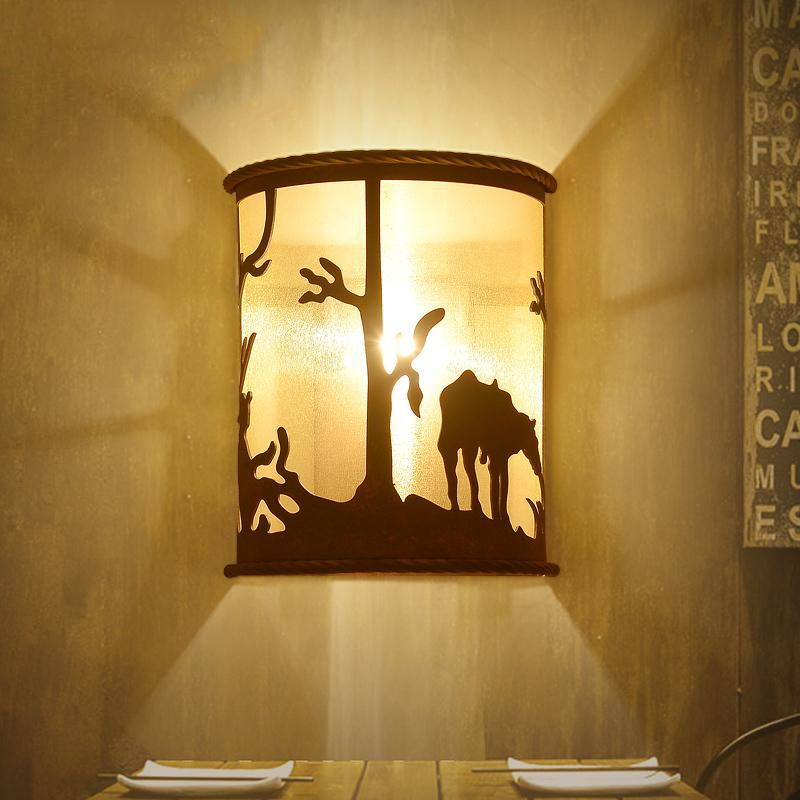 Lampe d'applications de cylindre vintage 1 ampoule en métal et en tissu mural léger en rouille pour restaurant avec motif animal