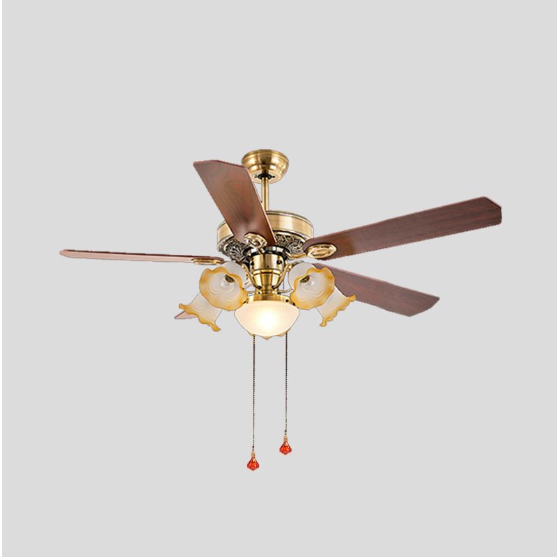 48" W Gold 6 Lights Semi Flush Lighting Antiqued Metal Round 5 Wood Blades Hanging Ceiling Fan Lamp with Floral Opal Glass Shade, Pull Chain/Remote/Wall Control