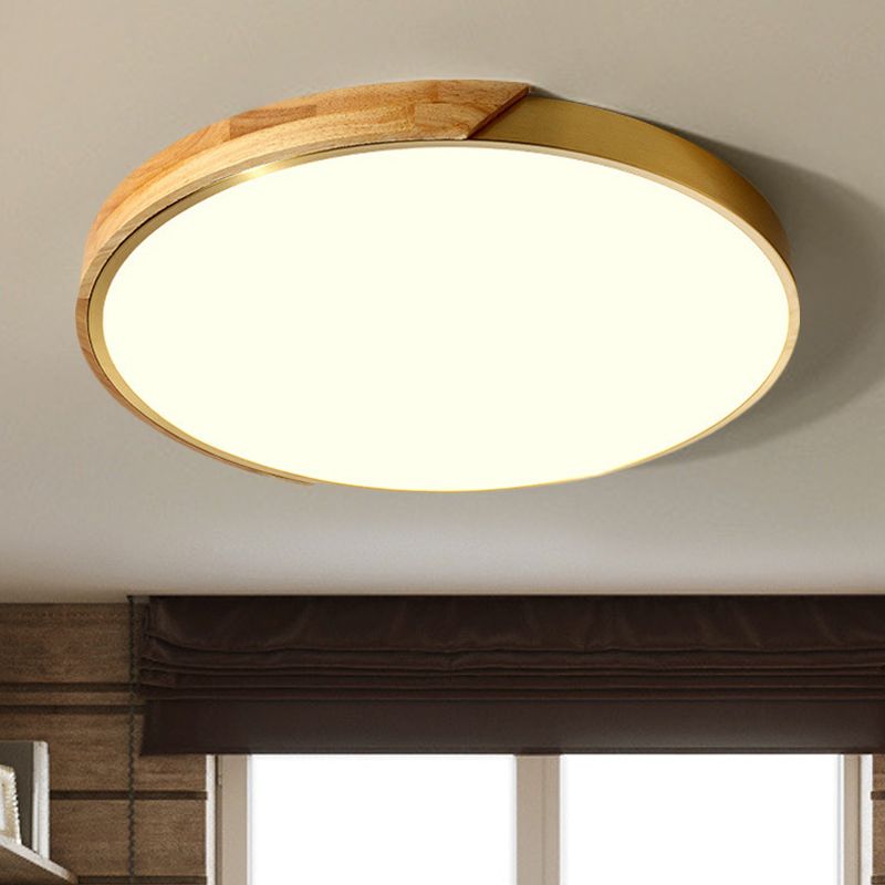 Drum Ceiling Lighting Simplicity Metal LED Wood Flush Mount Light Fixture in White/Warm Light, 12"/16" Wide