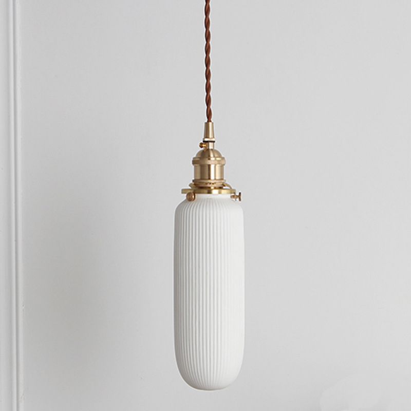 Rustic Ribbed Capsule/Ellipse Drop Pendant Single Bulb Ceramics Ceiling Hang Light in White and Brass