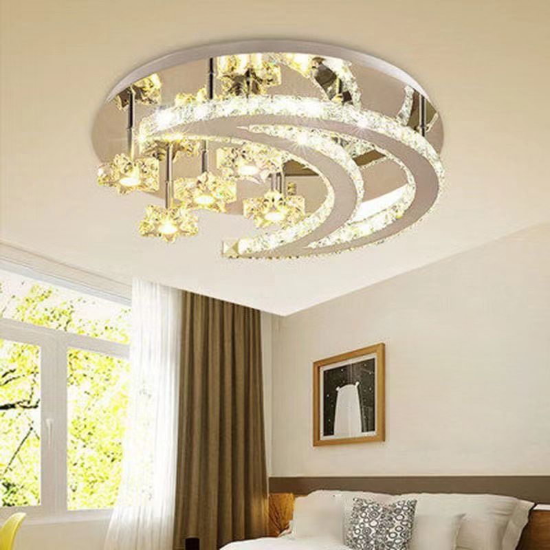 Ringed Shape Semi Flush Mount Modern Style Crystal Flush Ceiling Light in Silver