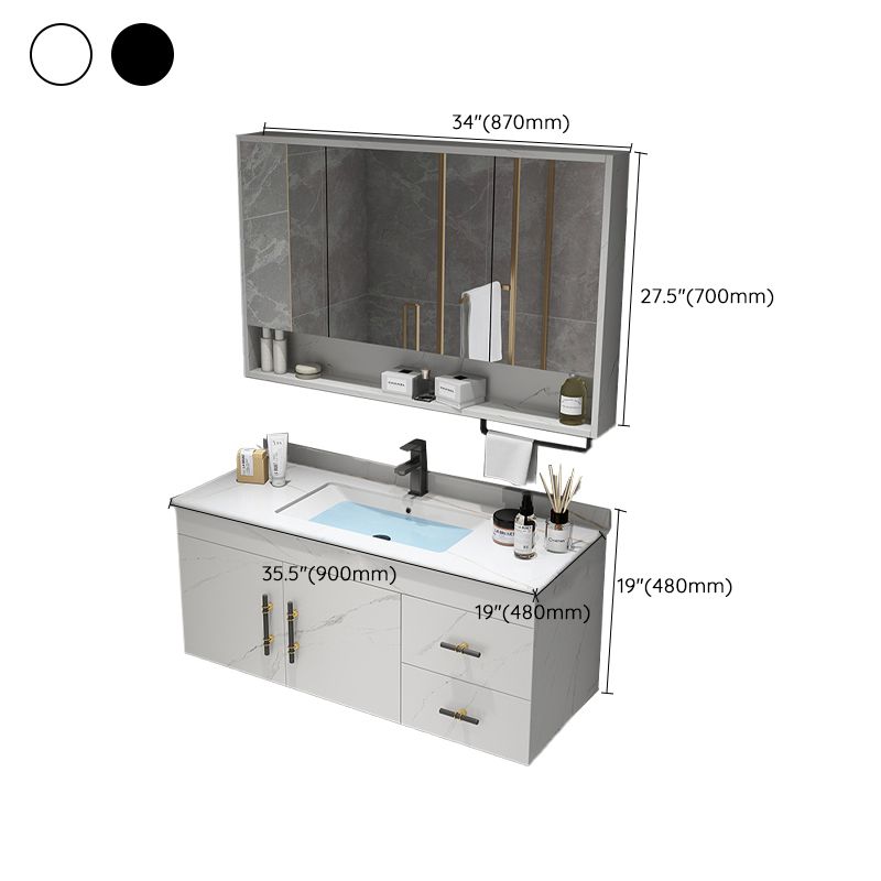 Stone Top Vanity Set Single Sink Mirror Drawers Wall-Mounted Rectangle Vanity with 2 Doors