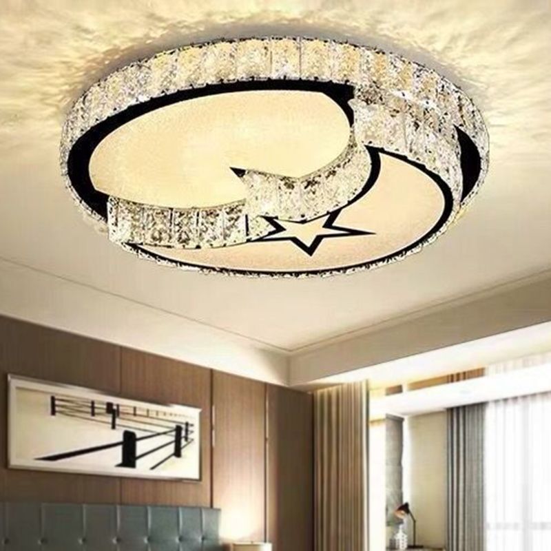 Modern LED Ceiling Light White Moon and Star/Heart Flush Mount Light with Crystal Block Accent for Bedroom