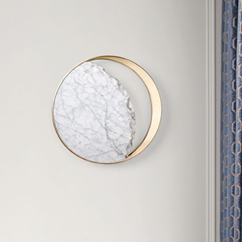 Round Wall Sconce Light Modern Marble and Acrylic White LED Wall Light for Bedroom
