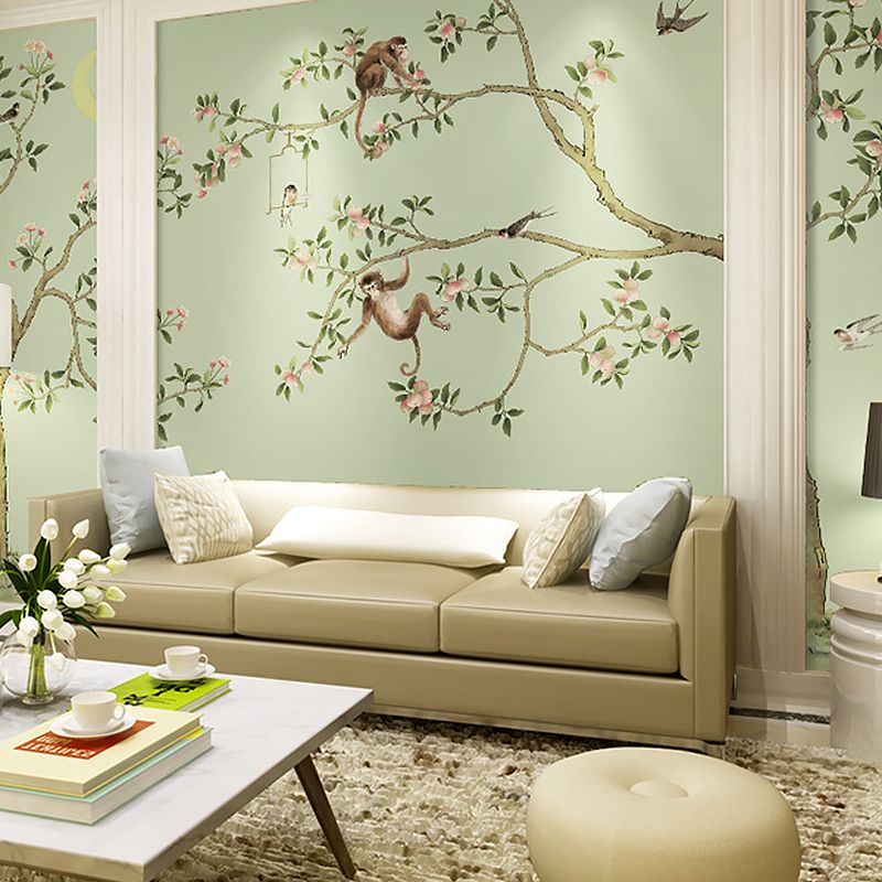 Green Tree and Monkey Mural Wallpaper Water-Resistant Wall Covering for Living Room