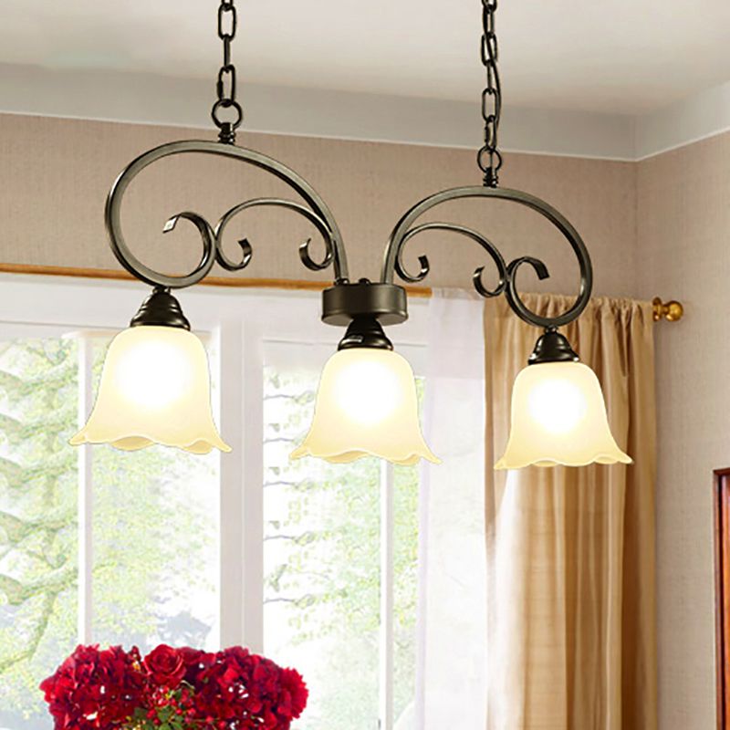 3 Lights Frosted White Glass Island Pendant Rustic Black Floral Swirls Restaurant Hanging Lamp